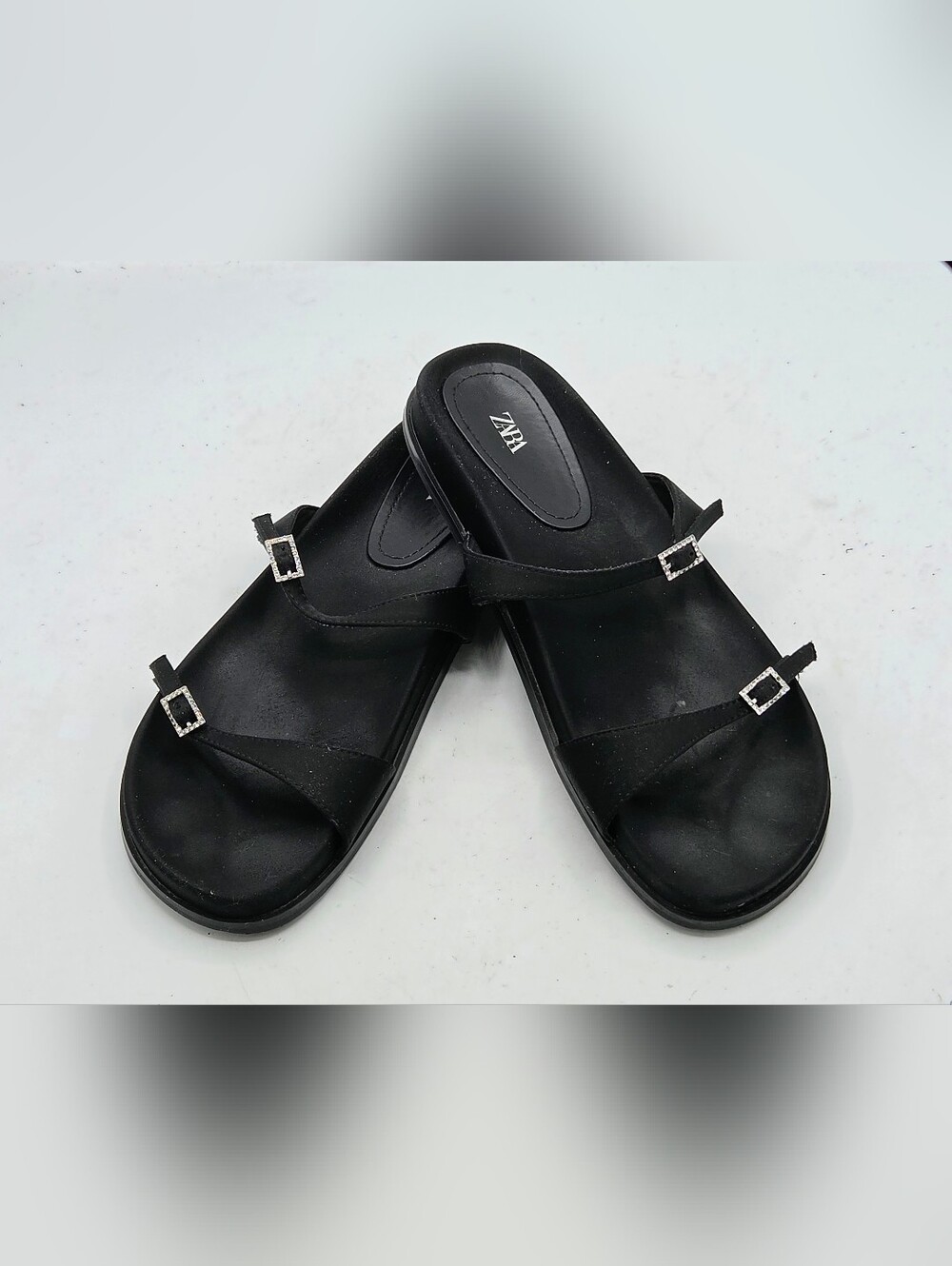 ZARA Black Satin Buckle Slides - Rhinestone Embellished Strappy Sandals Size 10 - Picture 11 of 13